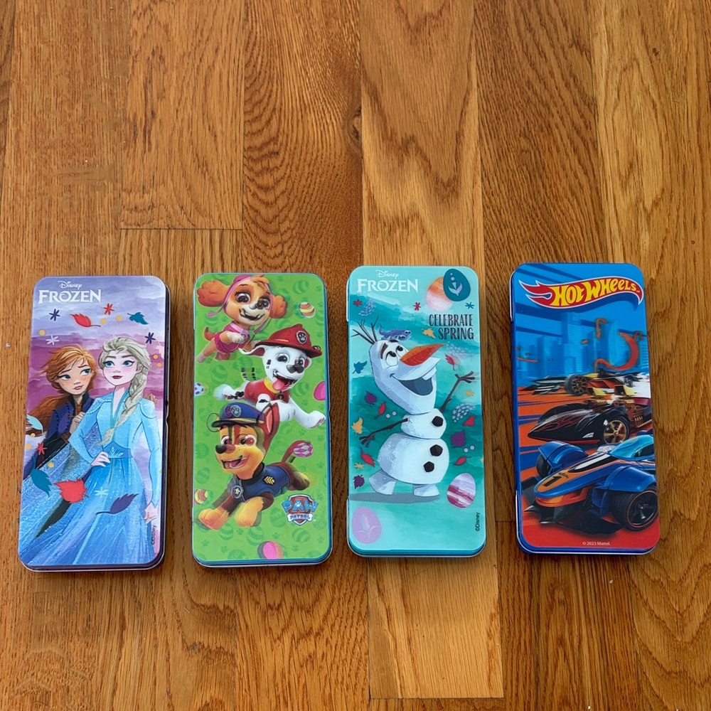 Disney Tin Set with Elsa, Anna, and Olaf Paw Patrol Hot Wheels Treasure Keepers
